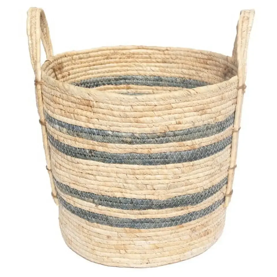 Natural Maize Colored Stripe Basket, Blue Gray, Large  Woven Basket Laundry Basket