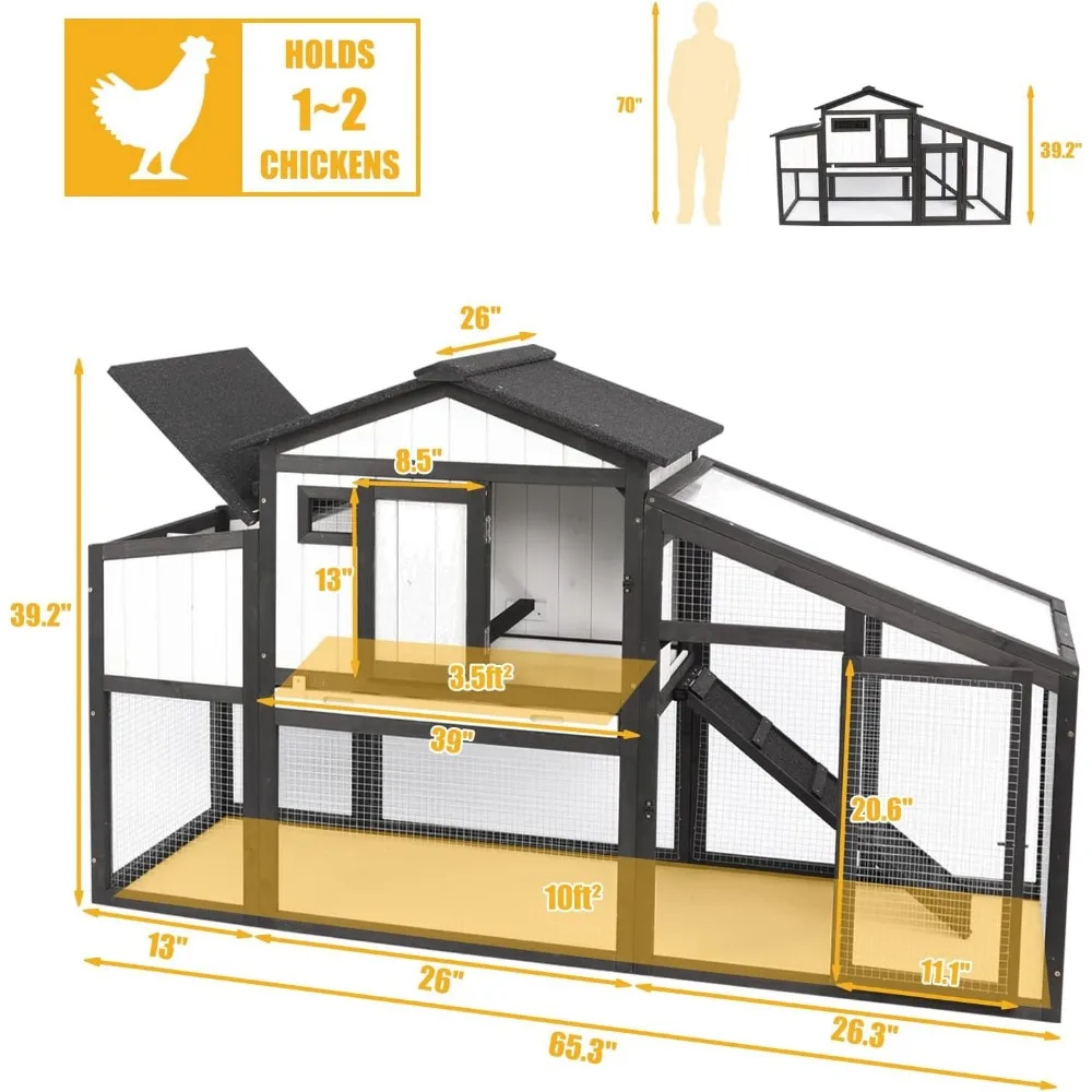 Chicken Coop and Run, Two Story Rabbit Hutch Indoor Outdoor, Wooden Hen House with Nesting Box Rabbit Cage, Ramp, Deep No Leak