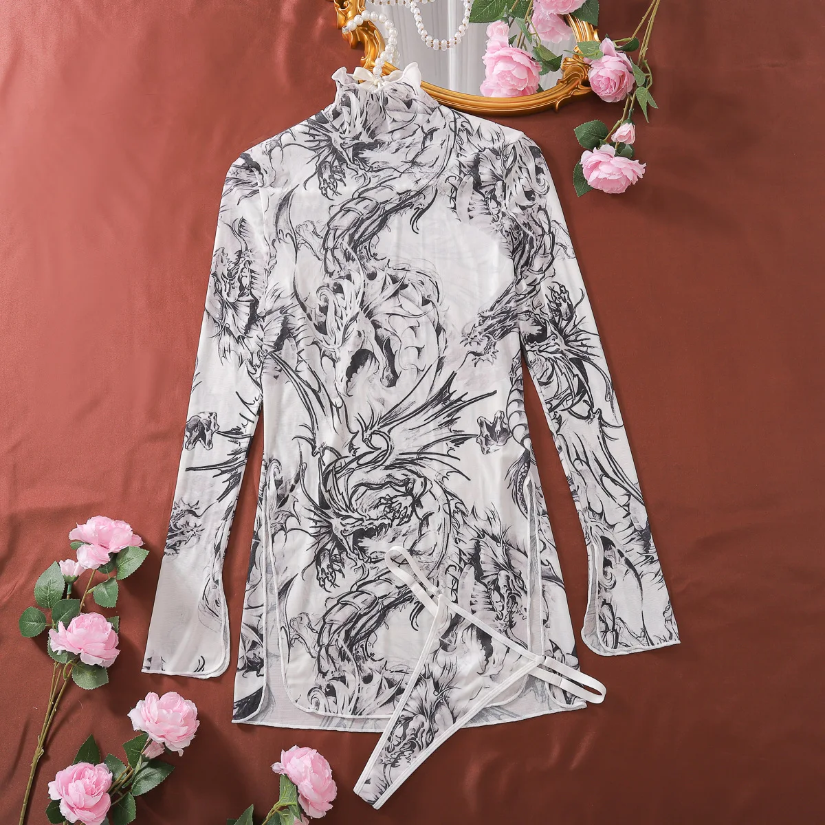 CHUANGERM المرأة مثير ارتداءها طويلة الأكمام التعادل صبغ شبكة انظر من خلال مشد أعلى قطعة واحدة الهذيان الزي sexys كامل #6