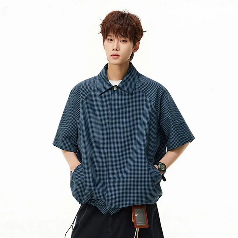 

Men's Summer Plaid Short Sleeve Shirt American Style Loose Lapel Casual Workwear Tops