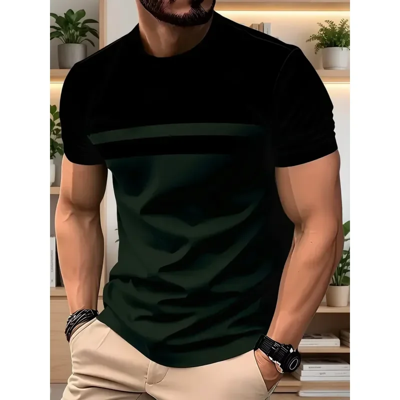 3D Digital Print Men Black Dark Green Color Block T Shirt Double Horizontal Stripe Crew Neck Short Sleeve Casual Tops 2026