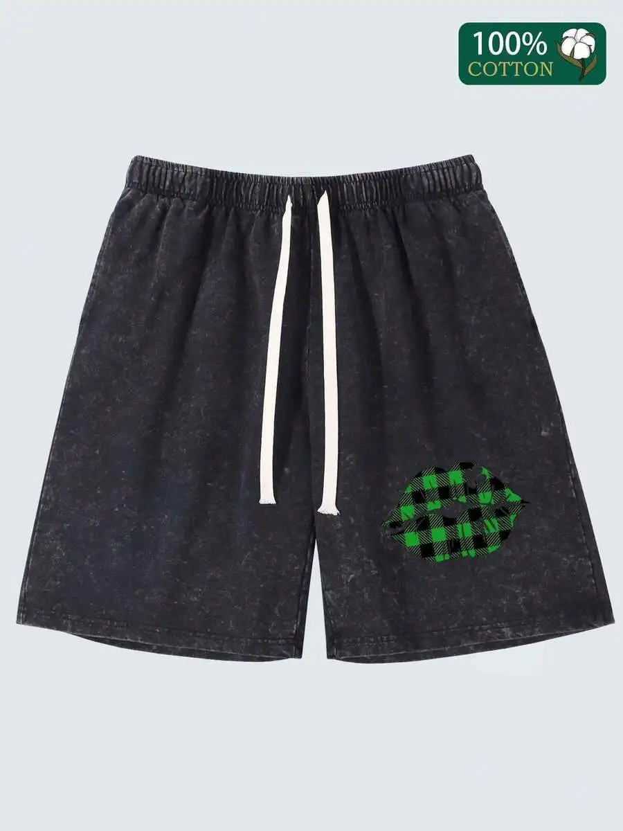 Mens Vintage Washed Cotton Drawstring Shorts With Plaid Kiss Print Casual Summer Shorts