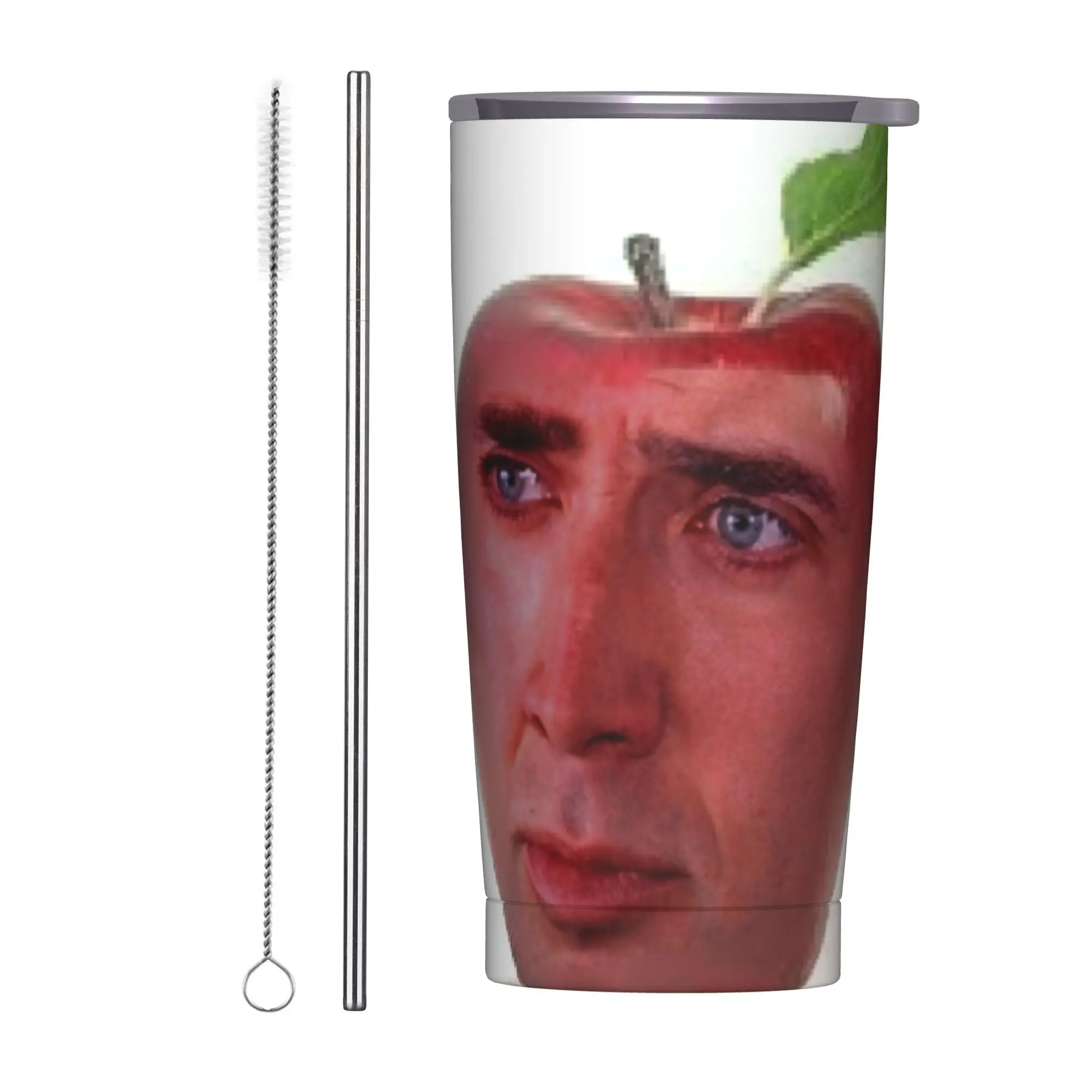 Nicolas Cage Apple Tumbler Vacuum Insulated Cage Meme Face Printed Thermal Cup Stainless Steel School Mug Water Bottle, 20oz