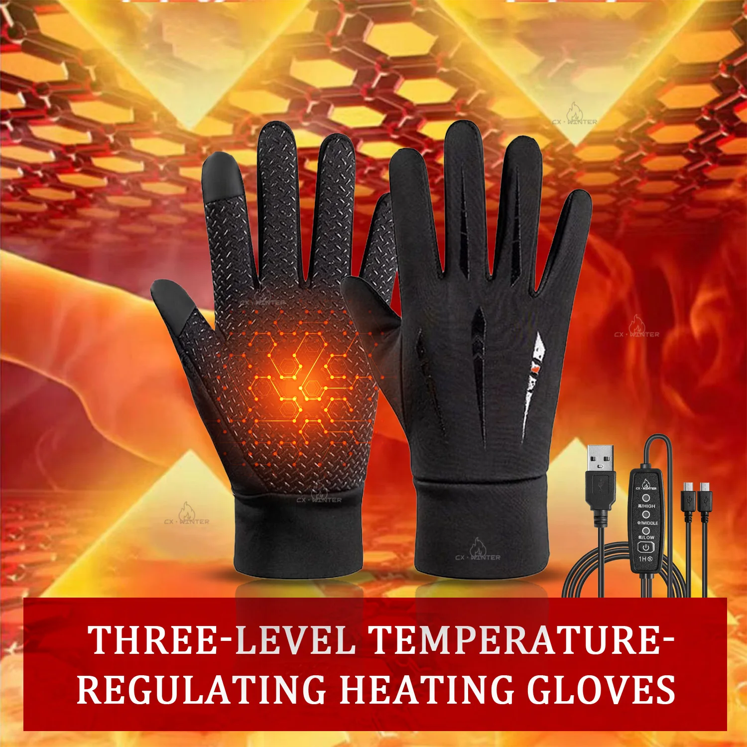Autumn and Winter Thickened USB Heating and Thermal Gloves Touch Screen Ski Gloves Outdoor Cold-proof Electric Heating Gloves