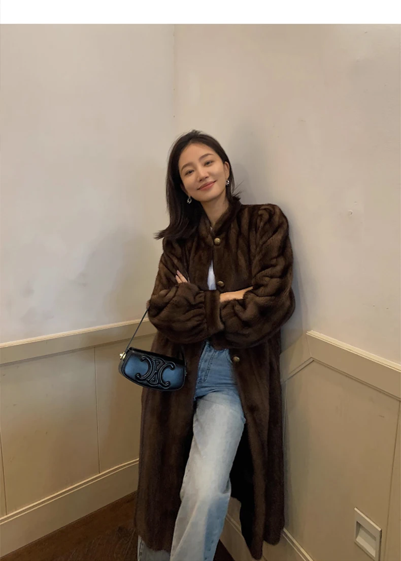 Lautaro Winter Long Brown Thick Warm Soft Faux Mink Fur Coat Women Puff Sleeve Elegant Luxury Chic Fluffy Furry Overcoat 2023