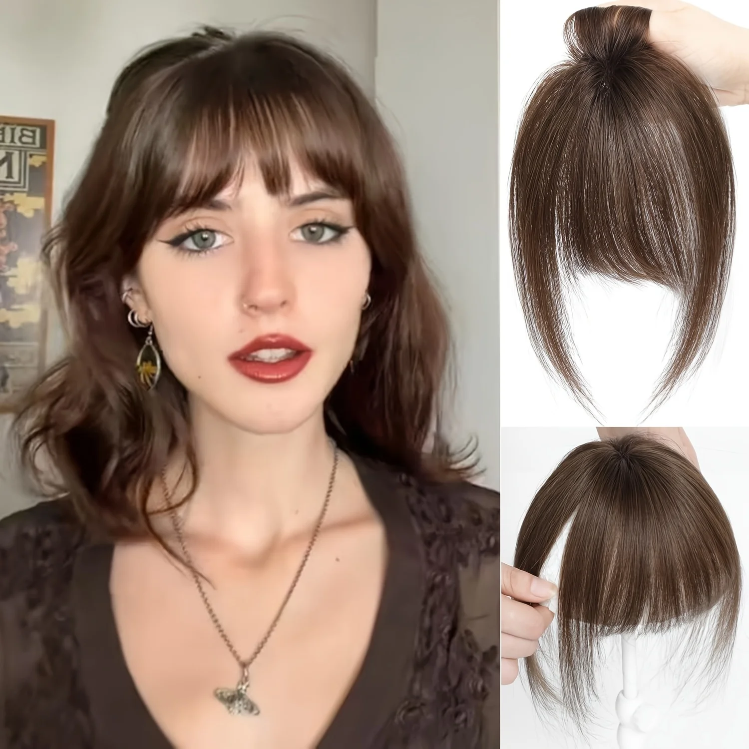 Curvo Air Bangs Hairpieces, 100% cabelo humano real, 360 ° Clip em Bangs, castanho claro, desgaste diário