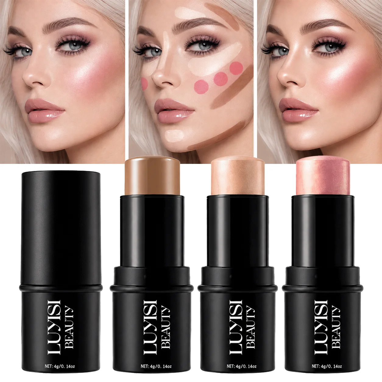 3Pcs Face Makeup Set:Contour&Blusher&Highlighter Stick,Creamy,Blendable Formula,Natural Dewy Glow Finish,Soft And Texture.