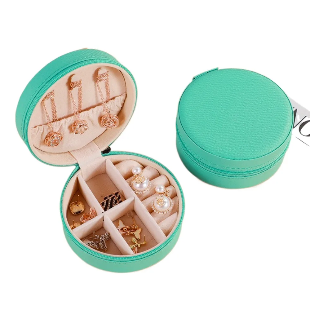 

Necklaces Earrings Rings Round Jewelry Box Travel Jewelry Organizer Pu Leather Case Boxes Zipper Solid Color Storage Box