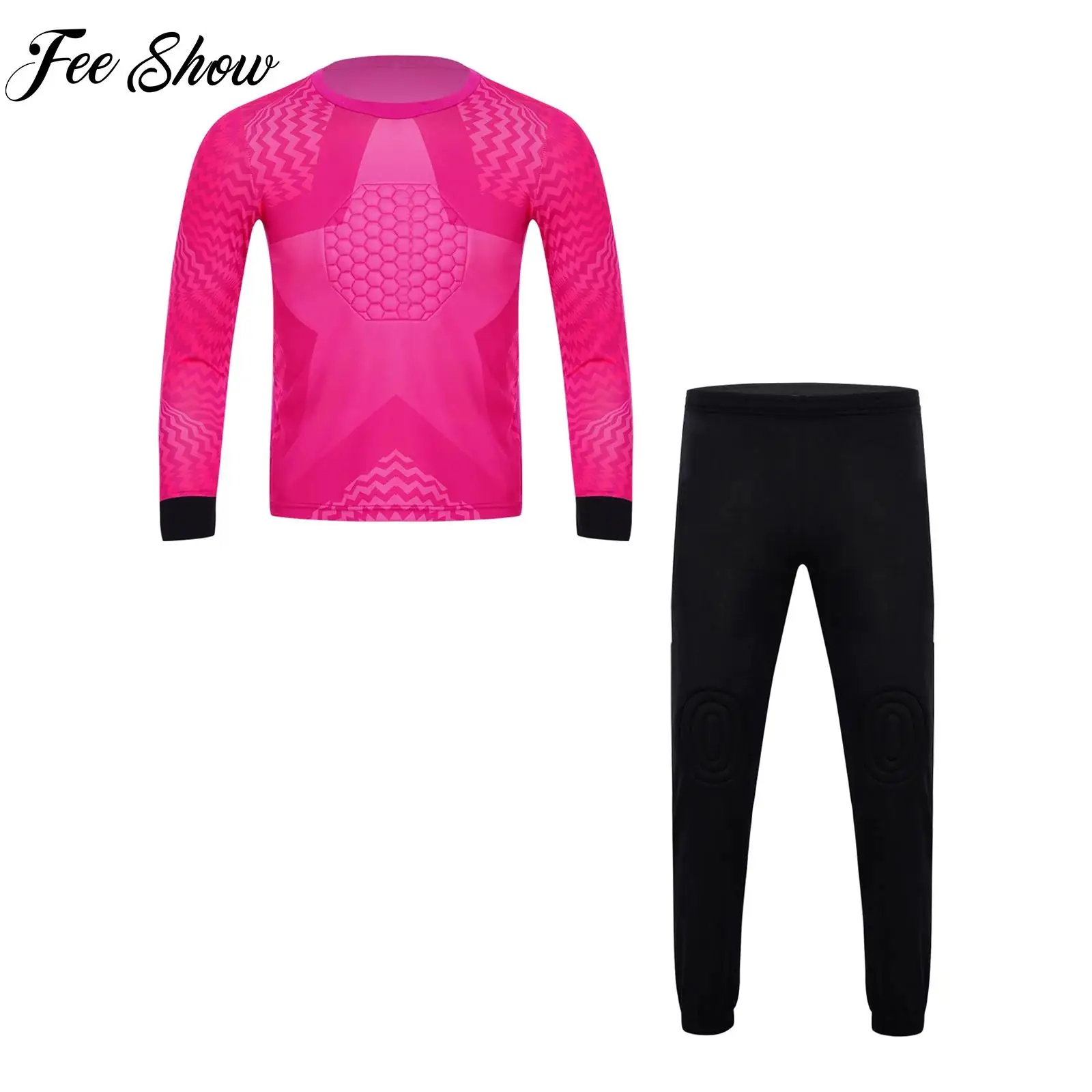 

Kids Boys Quick-Drying Football Goalkeeper Outfit Long Sleeve Stylish Print Padded Goalie Top with Pants 2-piece Sportswear Sets