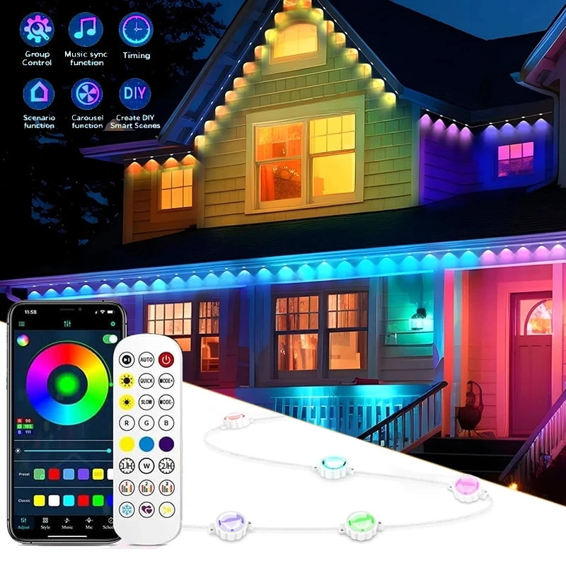 LED Strings Permanent Outdoor Lights Smart RGBIC Eaves Bluetooth Light DIY Waterproof Music Sync for Party Christmas Holiday