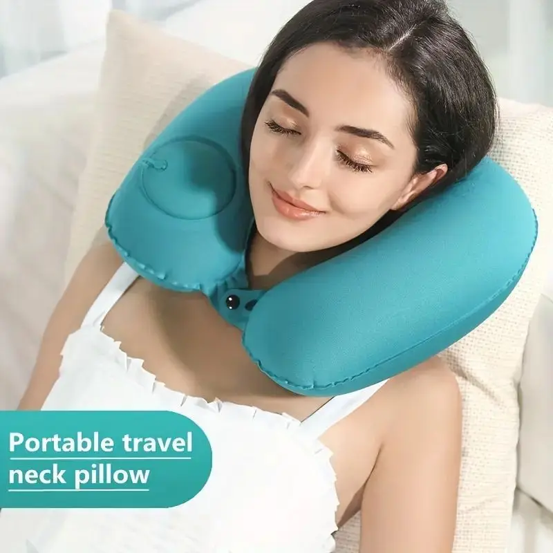 Neck Support Press on Inflatable Pillow to Relax Neck Travel U-shaped Pillow Foldable and Portable with Leak Proof Device