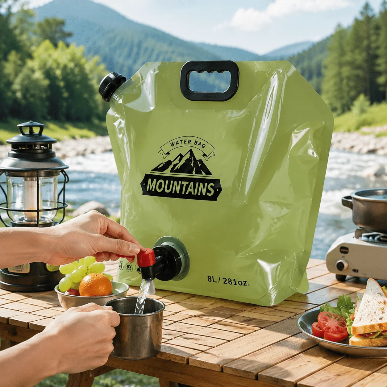 Contenedor de agua plegable de 8 litros, jarra de agua portátil con grifo incorporado, bolsa de almacenamiento de agua reutilizable a prueba de fugas para acampar, hacer senderismo, viajar, andar en bicicleta, viajes por carretera, picnics, actividades al aire libre y