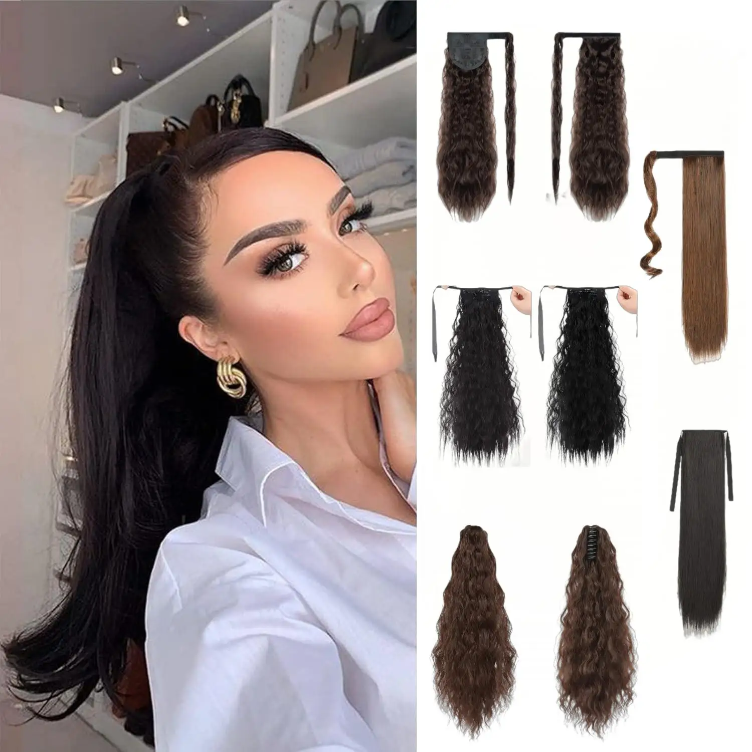 

Ponytail Extension Long Wavy Drawstring Ponytail Extensions Synthetic Clip in Hair Extension Natural Looking Hairpiece for Girls