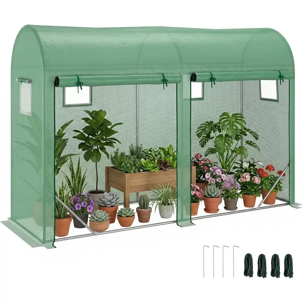 10' x 3' x 7' Steel Lean-to Greenhouse with 4 Roll-up Windows, 2 Doors, UV-Protected Cover for Growing Plants and Saplings