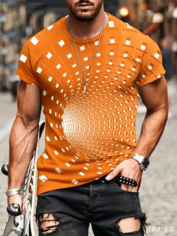 Men's 3D Vortex Optical Illusion T-Shirt Black Hole Tunnel Print Short Sleeve Crew Neck Tee Streetwear Casual Top Summer Fashion