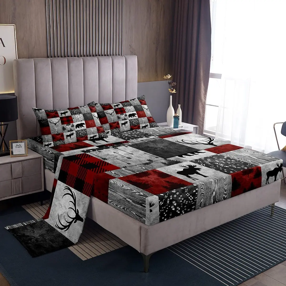 

Deer Elk Antler Sheet Set For Camper,Grey Bury Rustic Bear Bed Sheets Queen,Happy Camping Bedding Set Bedroom Decor,Hunting