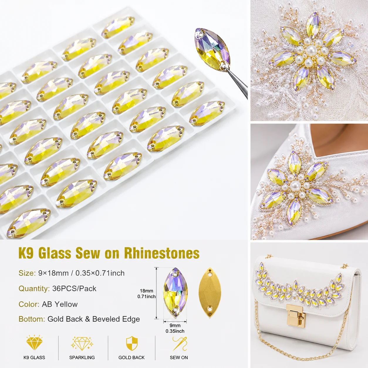 5A Bevel Glass Sew-On Rhinestones Nevette Loose Sewing 9*18mm 36Pcs/Package For DIY Garment & Shoes Bags Sewing Accessories