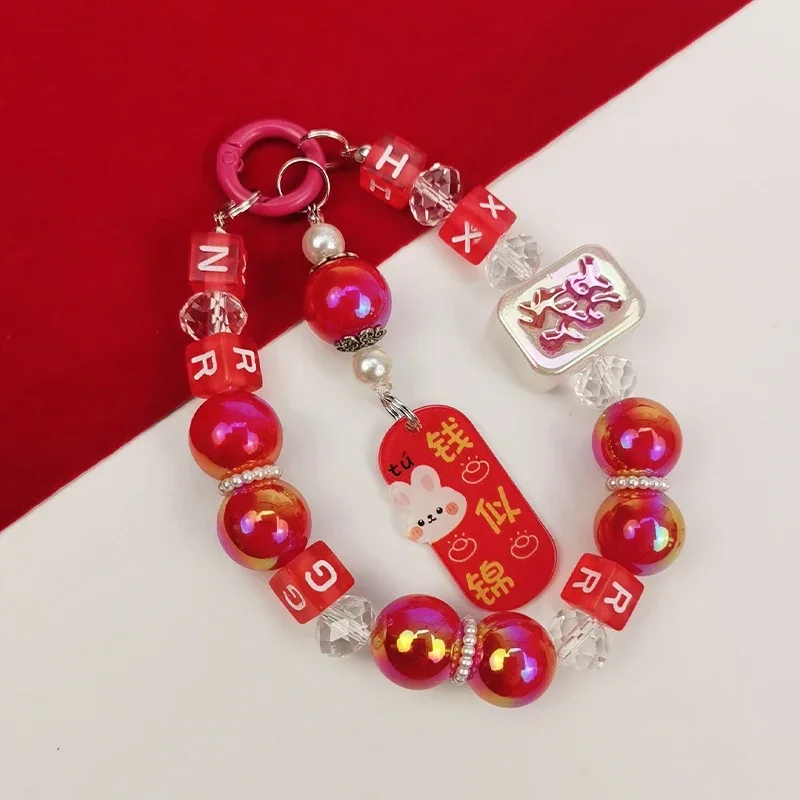 

Мобильный телефон ремешок на запястье, цепочка, красочные круглые бусины ручной работы, бусины, кролик, подвесные ремешки с украшением на год, универсальный телефон