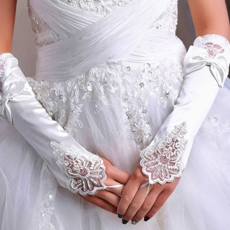 

Women Bridal Long Gloves Fingerless Floral Lace Patchwork Mittens Rhines