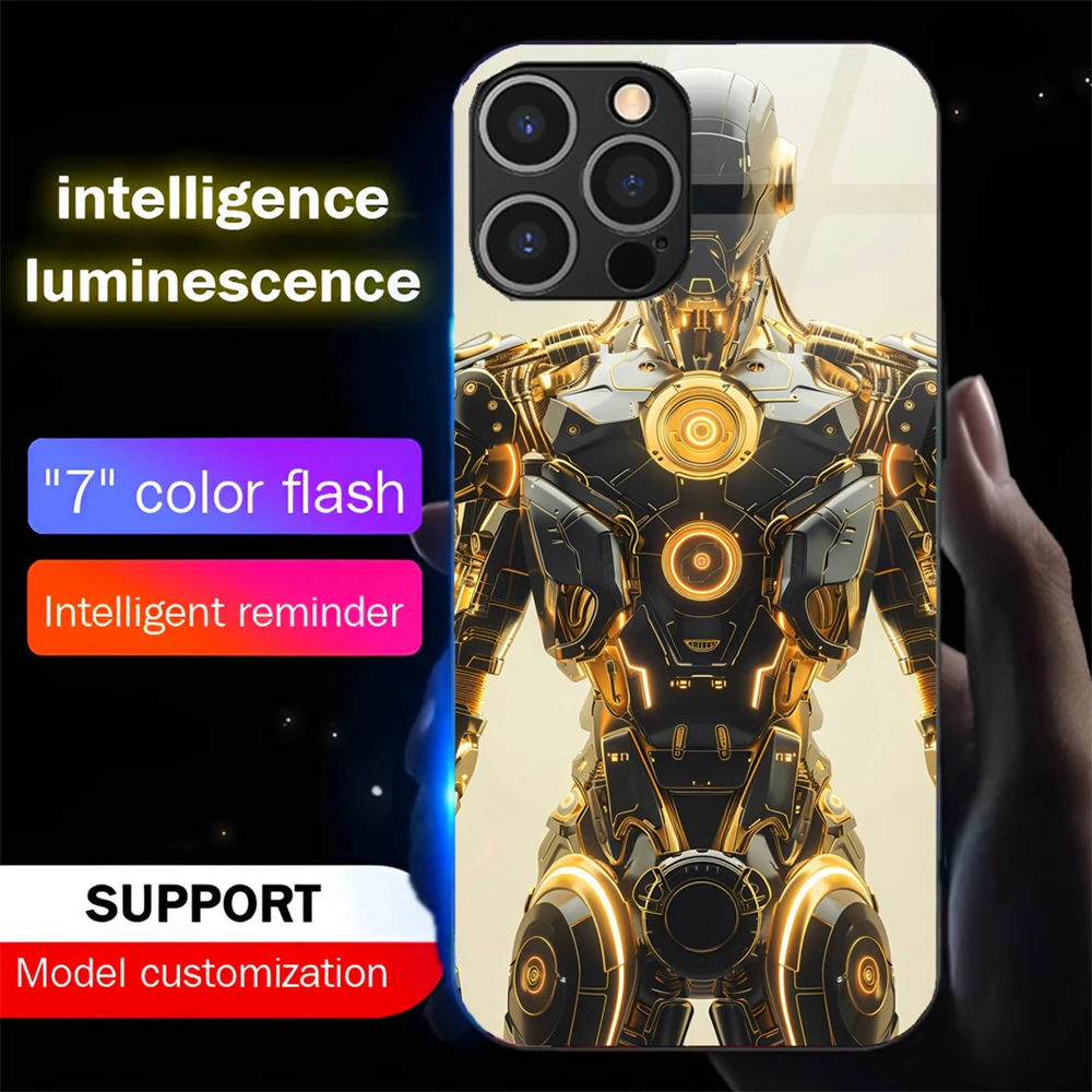 

Luxury Blue Chip Pattern Sound Control LED Flash Cases Luminous Glass Cover For iPhone 16 E 15 14 13 12 11 Pro Max X XR Plus