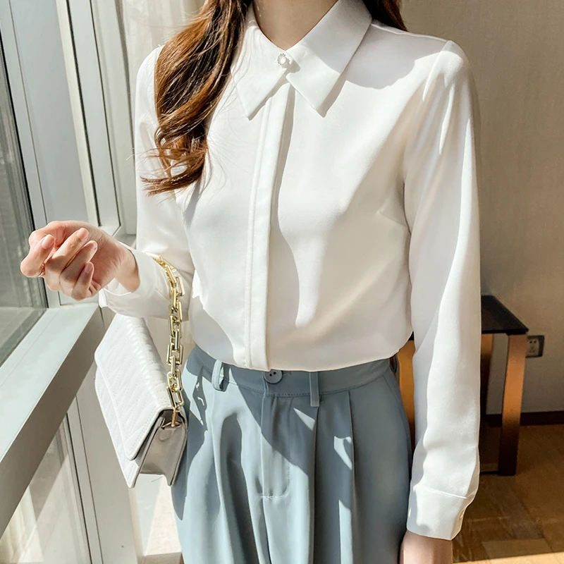 Autumn Office Lady Solid Chic Button Chiffon Shirts Women Clothing Fashion Loose Casual Long Sleeve Tops New Elegant Blouse