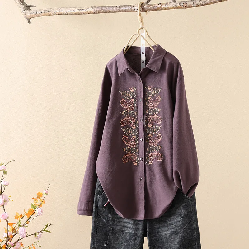 New Spring Cotton Embroidery Shirt Women Lapel Long Sleeve Literature Tops Girl Retro Ethnic Style Blouse 2024 Autumn T44139QC