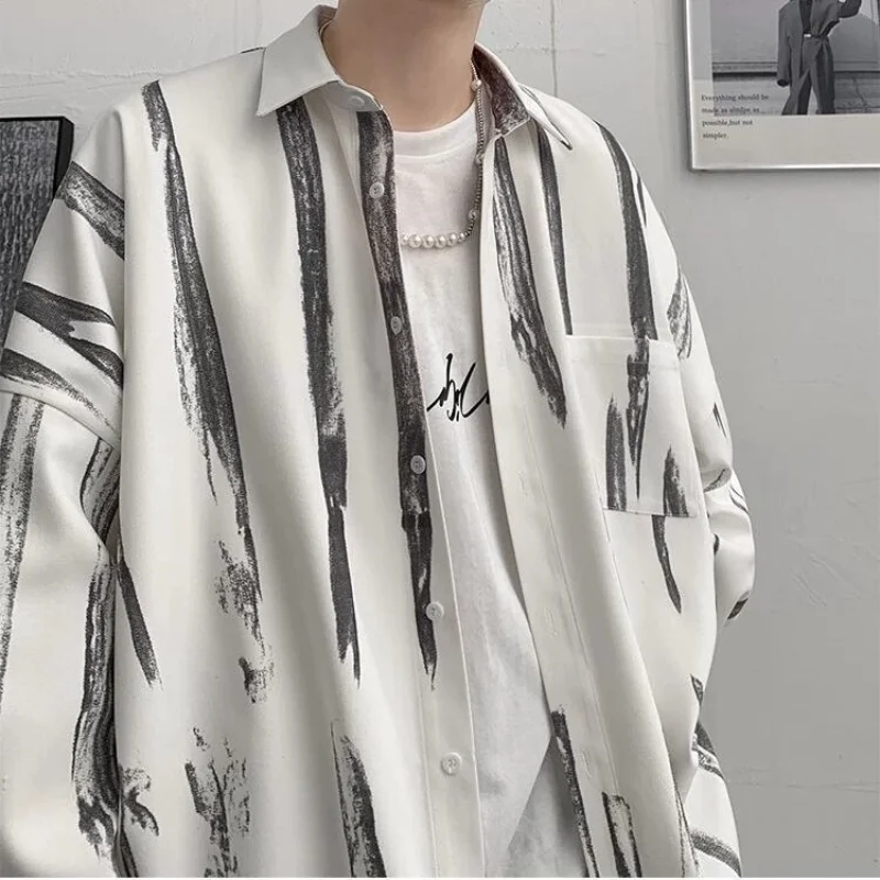 2023 Spring Summer Polo Fashion Men\'s Loose Long Sleeve Printed Fashion Versatile Solid Color Temperament Striped Button Shirt