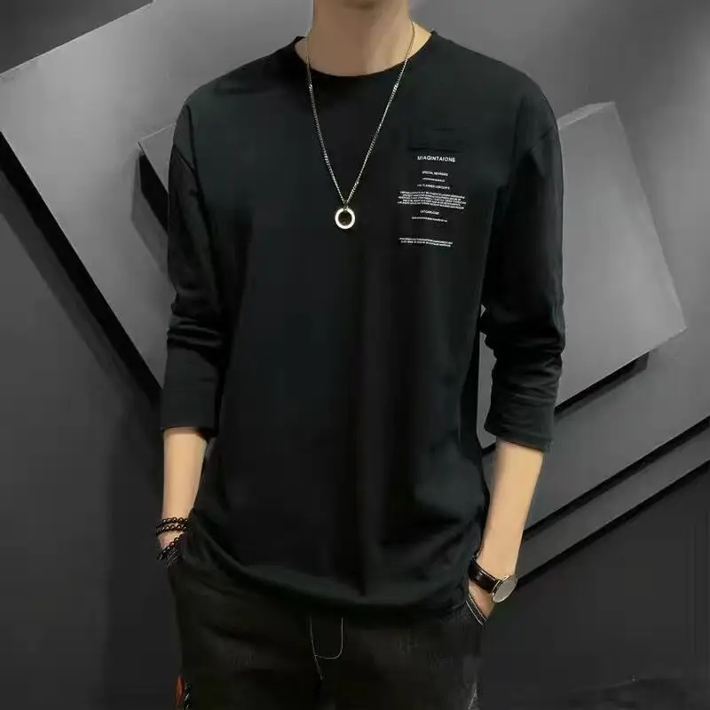 Men's Letter Printing Simplicity Bottoming Shirt Spring Autumn New Long Sleeve Solid Loose Tops Tees Casual Fashion Men Clothing