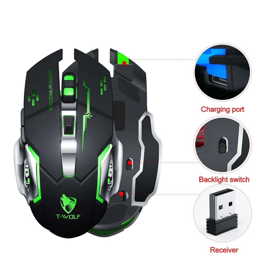 Q13 Wireless Gaming Mouse, Recarregável, 2.4GHz, 2400dpi, USB, 6D Optical, Luz LED, Gamer, PC, Computador, Laptop