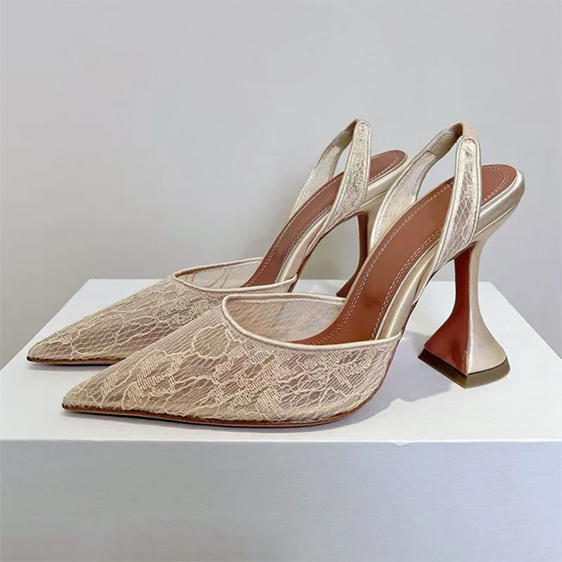 2025 nuevos tacones altos para mujer, zapatos de tacón con punta estrecha, zapatos de fiesta calados de malla de encaje, tacones de copa para mujer, sandalias de verano para mujer
