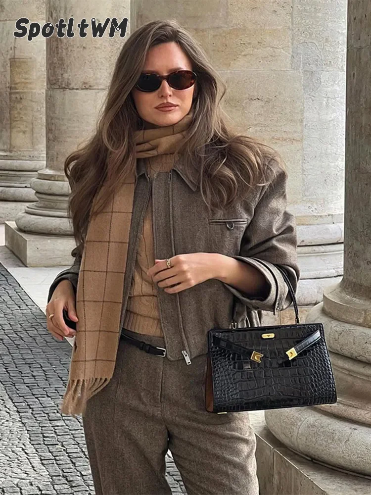 Cinture con colletto rovesciato marrone Vintage da donna giacca corta tasche moda cappotto a maniche lunghe con cerniera 2024 capispalla retrò da donna nuova