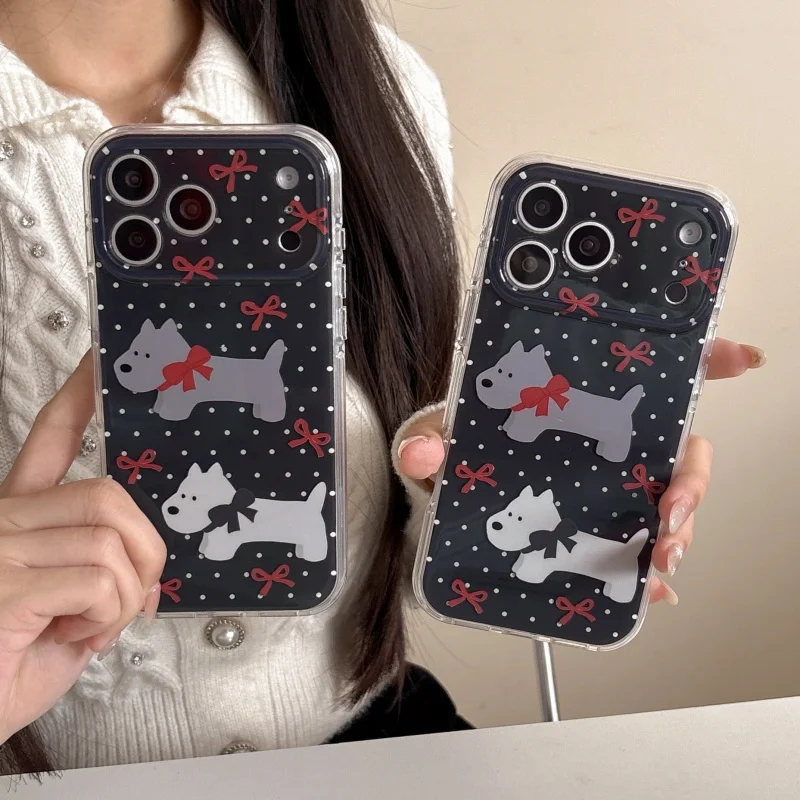 

Fashion Cute Bowknot Puppy Polka Dot Phone Case For iPhone 17 Pro 15 14 16 Pro Max Back Cover Shockproof Cartoon Protective Case