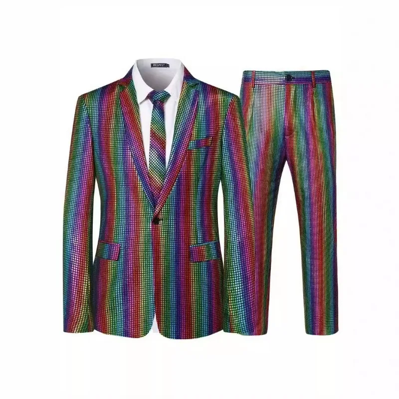 Men's Plaid Sequins Suit Wedding Ceremony Party Performance Dress Two-piece Suit