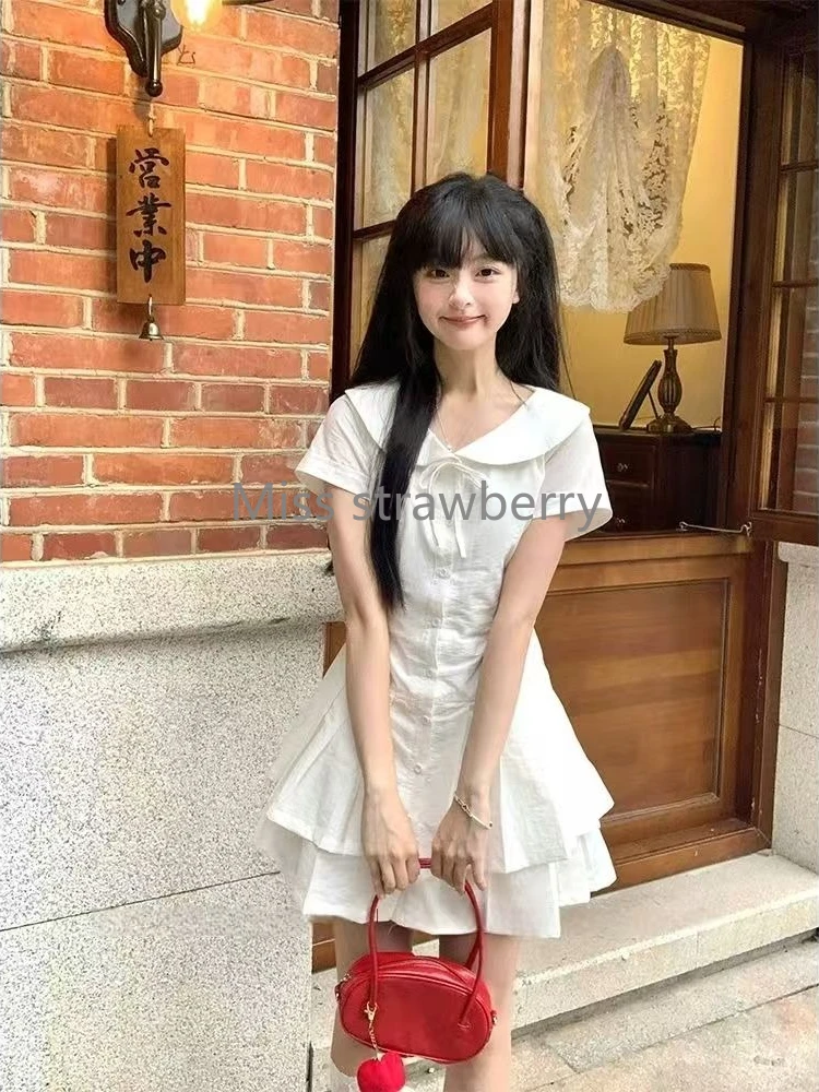 Preppy Style Vintage Slim Short Sleeve Dress Women Summer Fashion Ruffle Thin Shirt Dresses Female Chic Retro O-neck Outfits