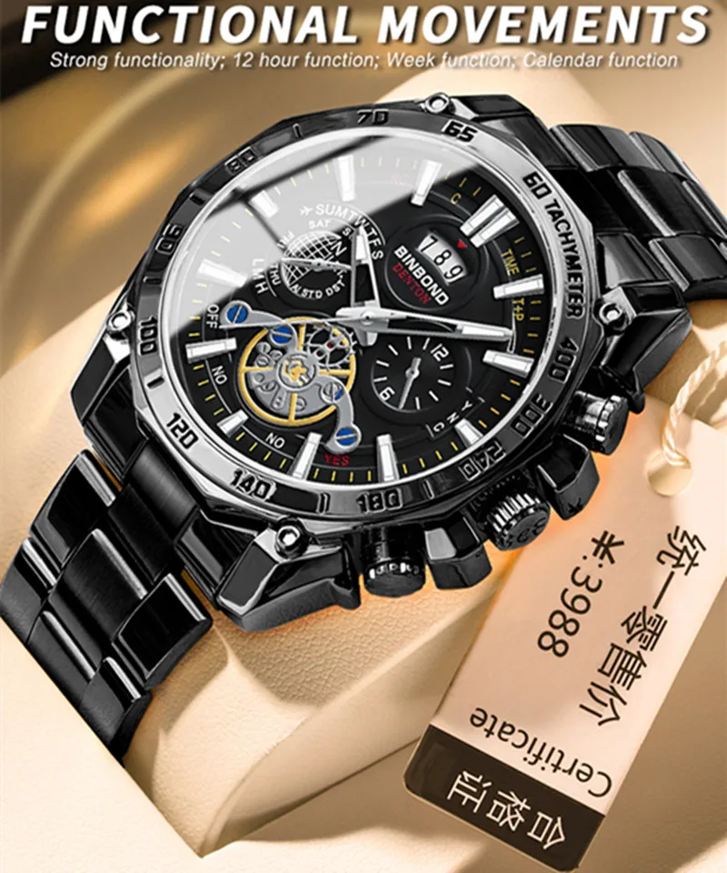 

BINBOND 4750 Business Men's Quartz Watch Three Eye Six Needle Chronograph Waterproof Night Light Calendar Men's Quartz Watch