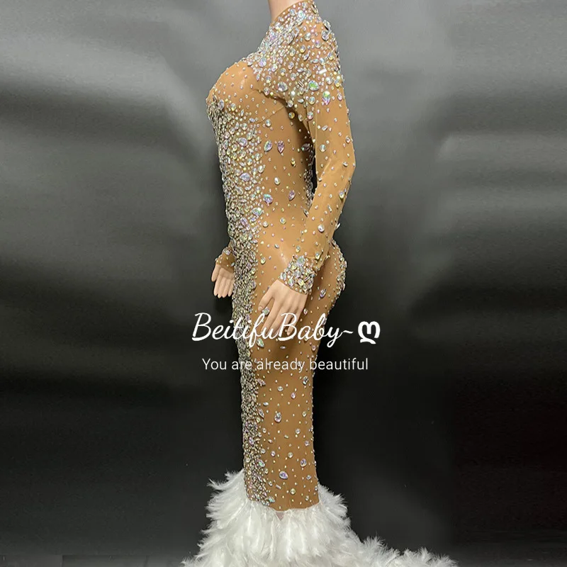 BeitifuBaby Evening Dresses for Women 2024 Brown White Feather Trailing Shiny Diamond Backless Elegant Long Sleeved Party Dress