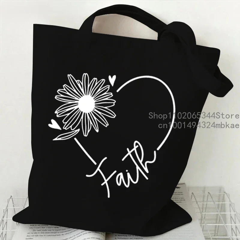 Faith Printed Heart Graphics Women Canvas Shoulder Tote Bag Casual Fashion Shopping Cases Bag Storage Handbag Christian Gifts