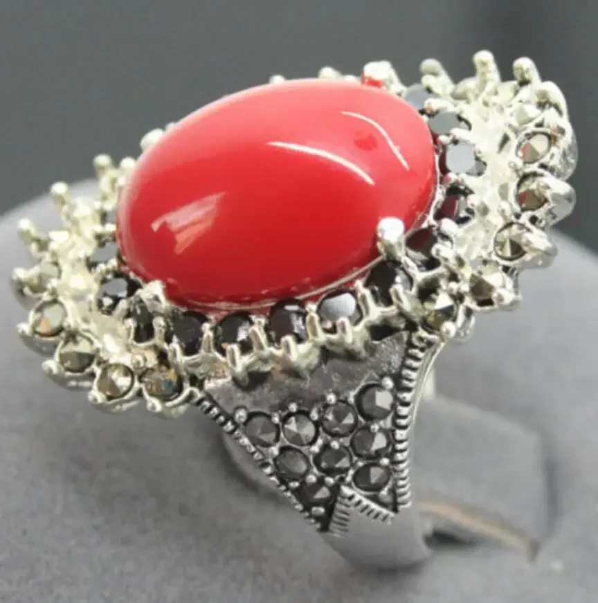 wholesale good noble 16*27mm 925 STERLING SILVER MARCASITE RED CORAL RING SIZE 7/8/9/10 Genuine Natural stone gem