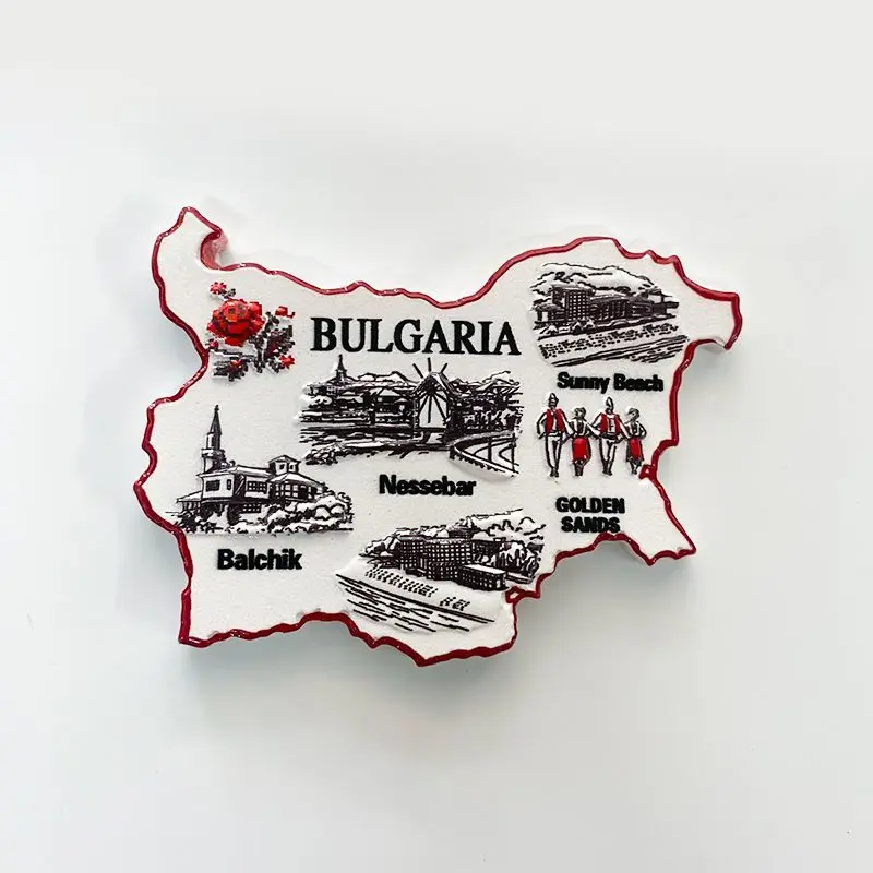 Магнит на холодильник из Болгарии в Европе с церковью Балхика, ветряной мельницей Небелита, сцена Солнечного Пляжа и фигурки золотых песков, домашний декор
