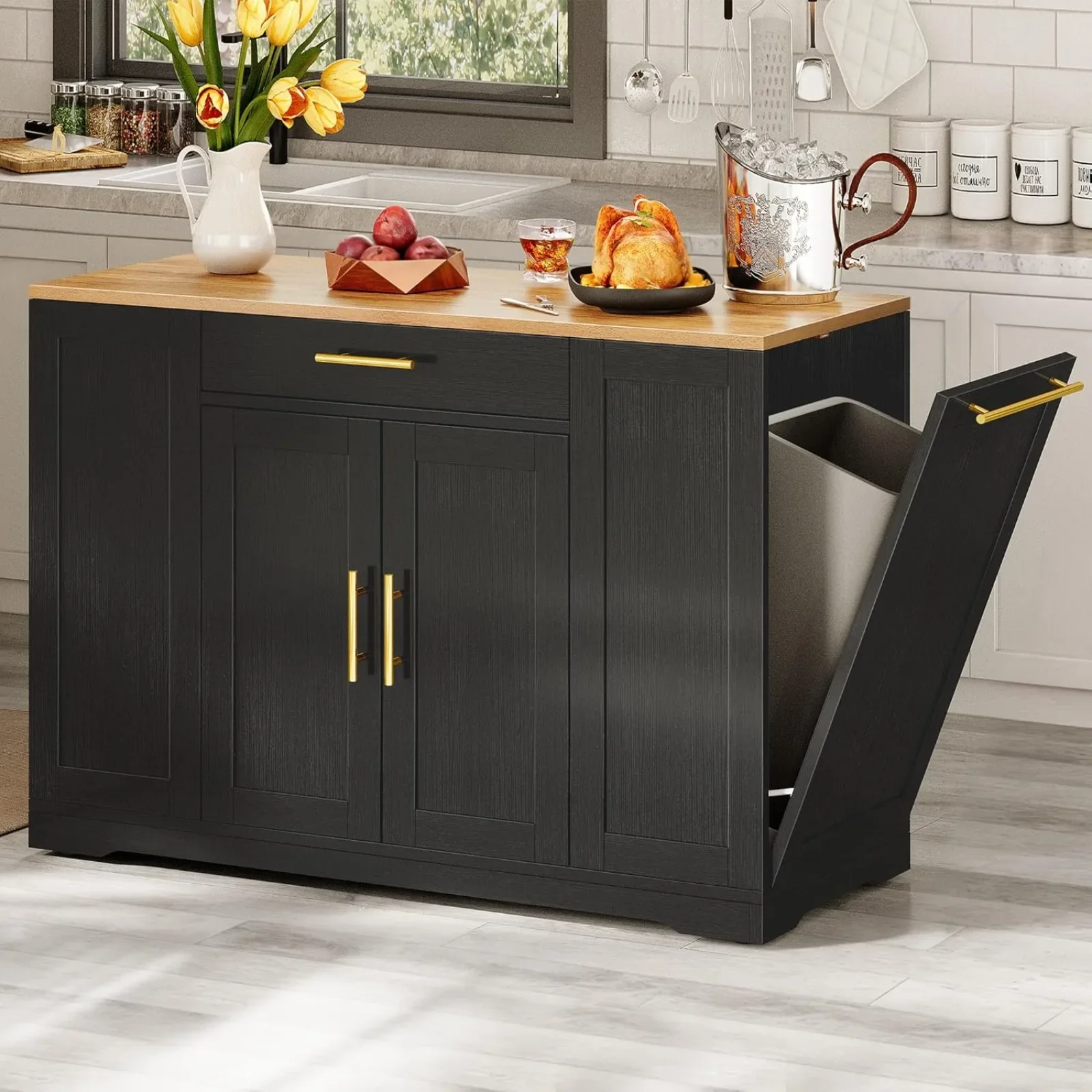 

US 53 inch Large Rolling Kitchen Island with Trash Can Storage Cabinet, Portable Mobile Islands Table Long Floating Movable w