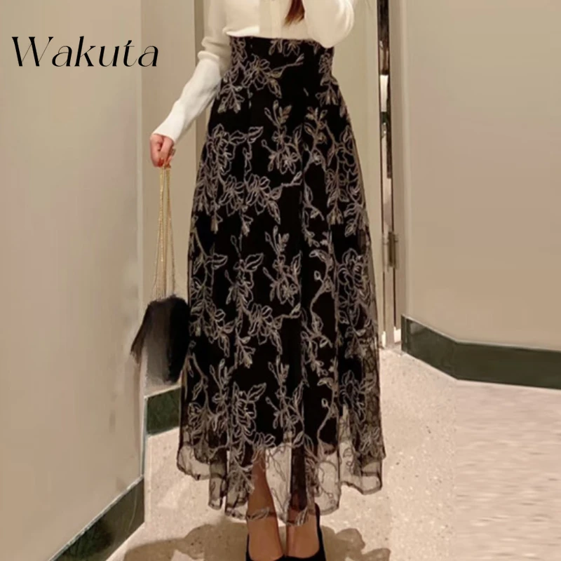 Wakuta Japanese Classic Early Spring Sweet High Waisted Flared Skirt Sweet Lace Patchwork Slim Fit Skirt Y2k Gothic 니트 스커트 Skirt