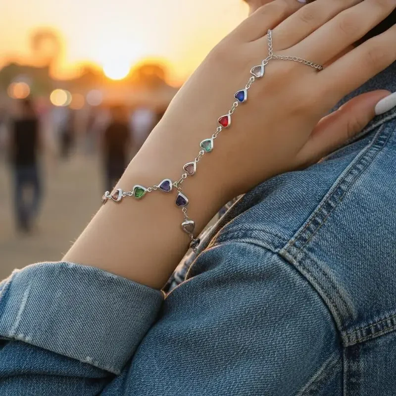 New Colorful Crystal Zircon Link Chain Connected Finger Ring Bracelet for Women Multil Color Flower Cross Bracelet Party Jewelry