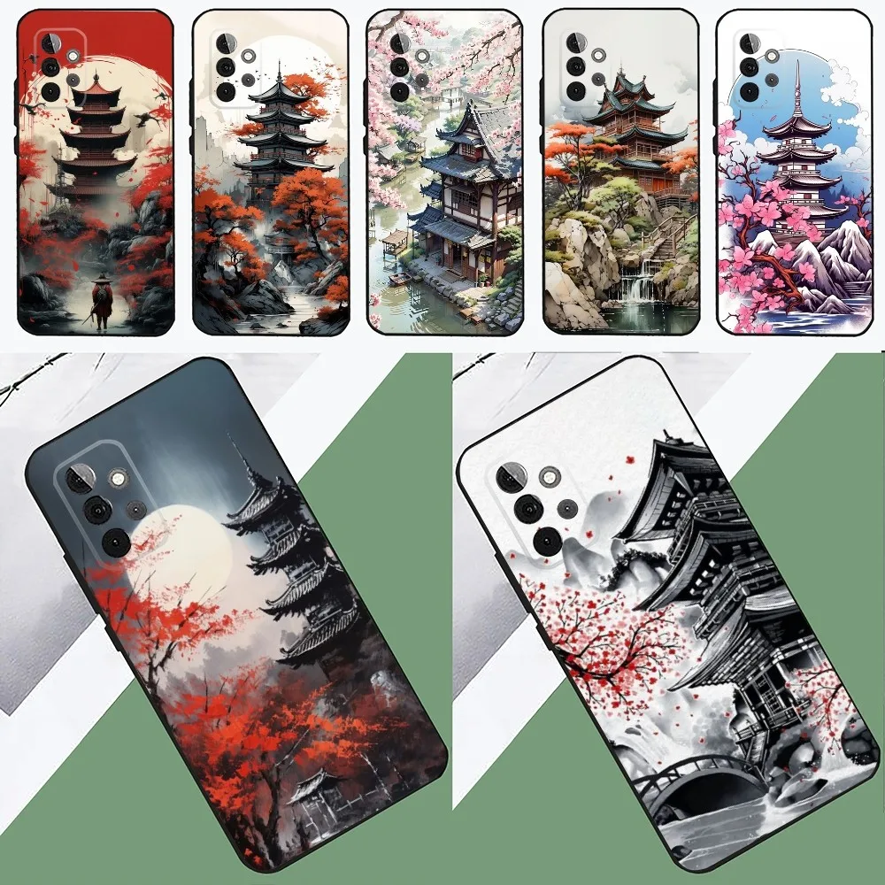

Japanese Art Temple Sakura Phone Case For SamsungS24,23,22,21,S20 ,Pro10,S30Plus,S9,20lite Ultra Black Cover