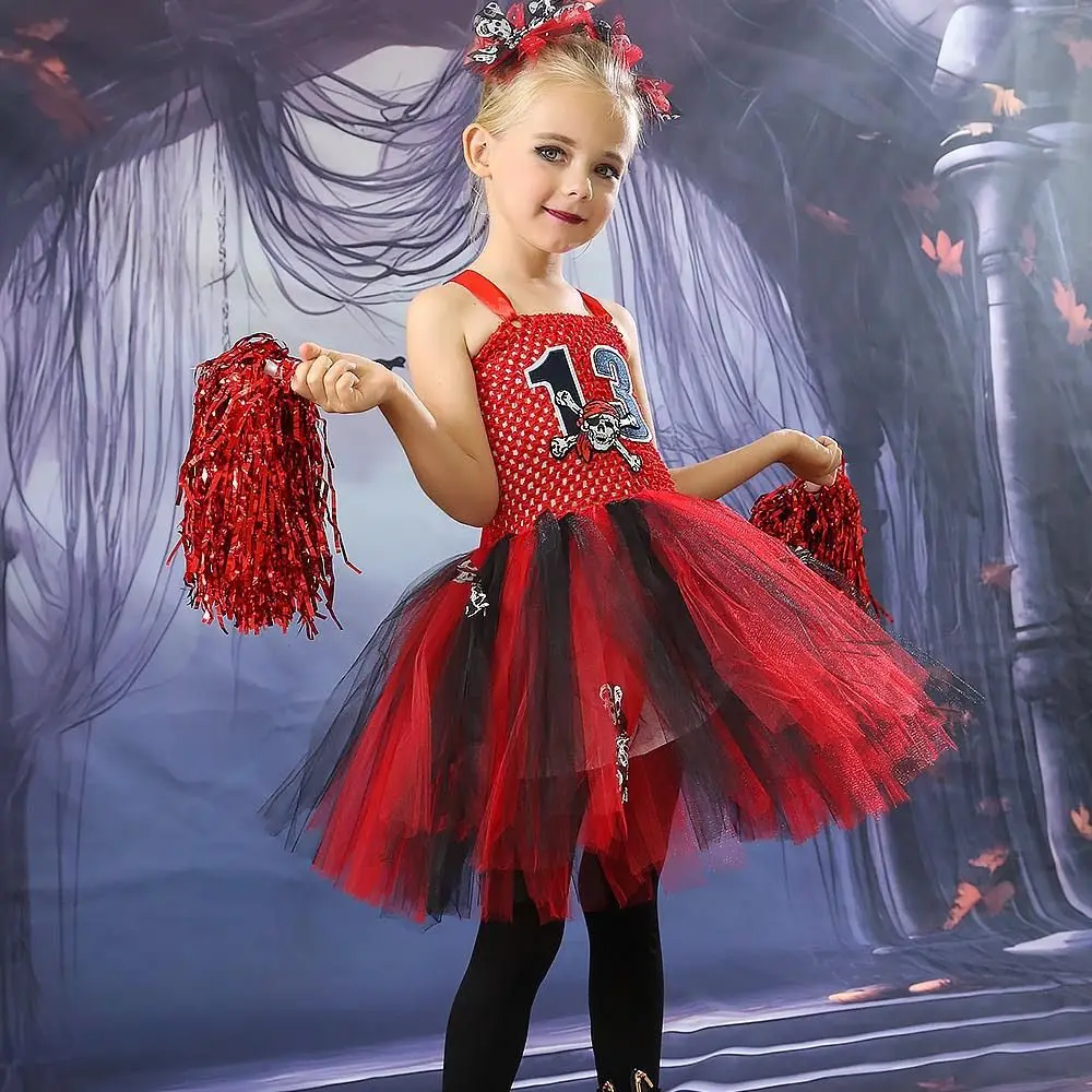 Halloween Girls Cheerleader Tulle Tutu Dress Kids Layered Fluffy Mesh Dress Performance Outfit Children Stage Show Party Attire