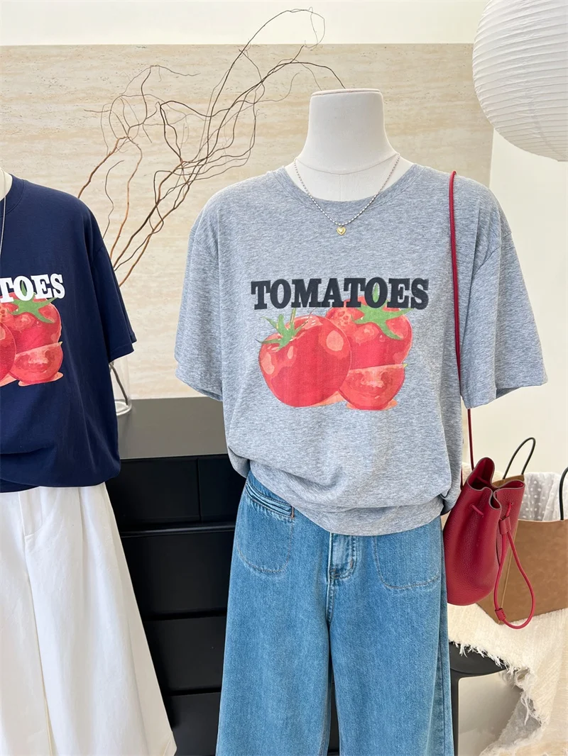 

Comfortable Korean Style Women's T-Shirt Short Sleeve Loose Fit Tomato Print Half Sleeve Top for Spring Fashion Casual Cotton