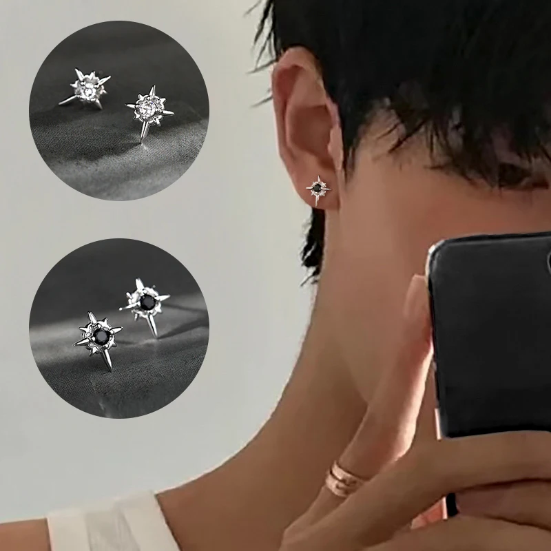 1Pair Trendy Black Zircon Star Stud Earrings For Men Women Couple White Personality Hip-hop Earrings Party Accessories Jewelry