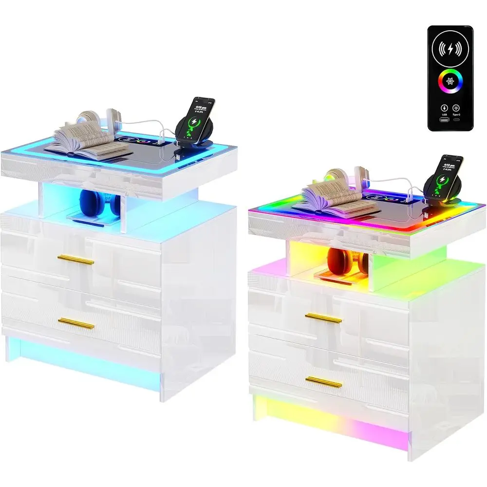 Night Stand Set 2 with WirelCharging Station& Remote Lights,White | LED Nightstand with Tempered Glass Top, RGB motion sensor Li