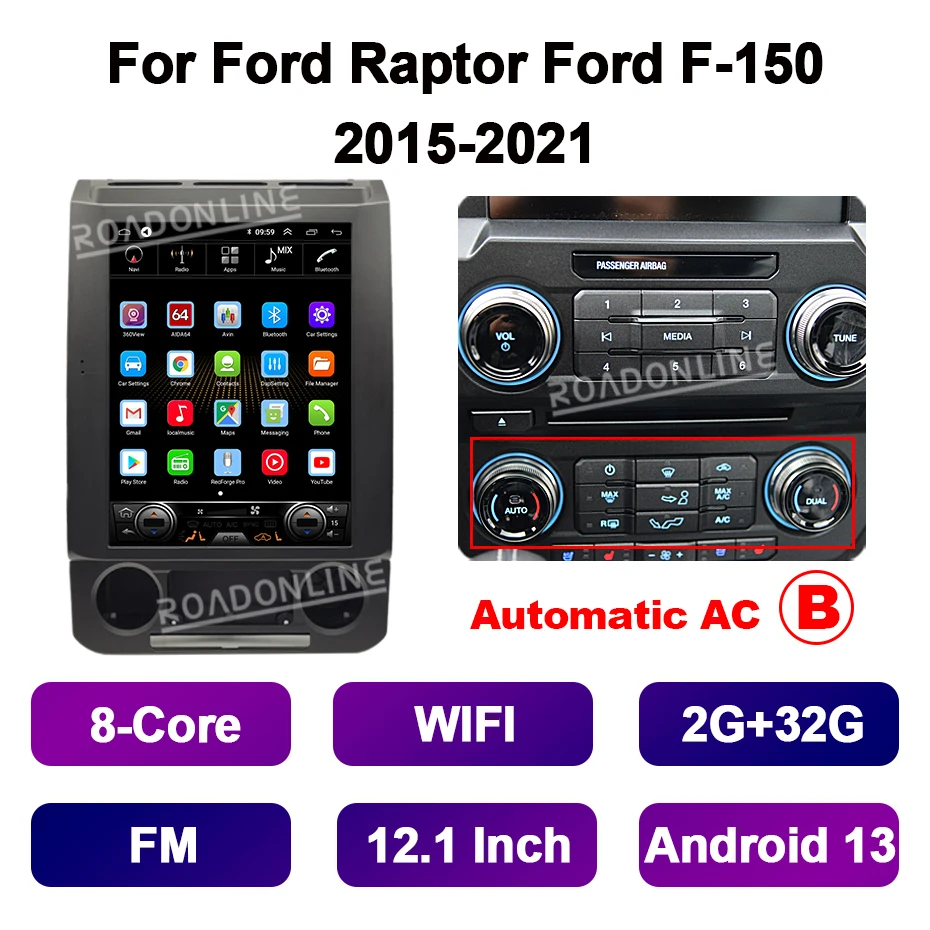 12.1 "Android 14 Tesla Stijl Scherm Voor Ford Raptor F-150 F150 2015-2021 Gps Auto Multimedia Speler stereo Radio Ontvanger CarPlay