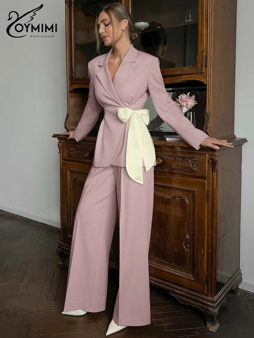 

Женский розовый премиум-костюм Oymimi: мягкий блейзер и брюки с широкими штанинами, комплект из 2 предметов, весна 2026, с запахом спереди и поясом-бантом, элегантный женственный шикарный образ