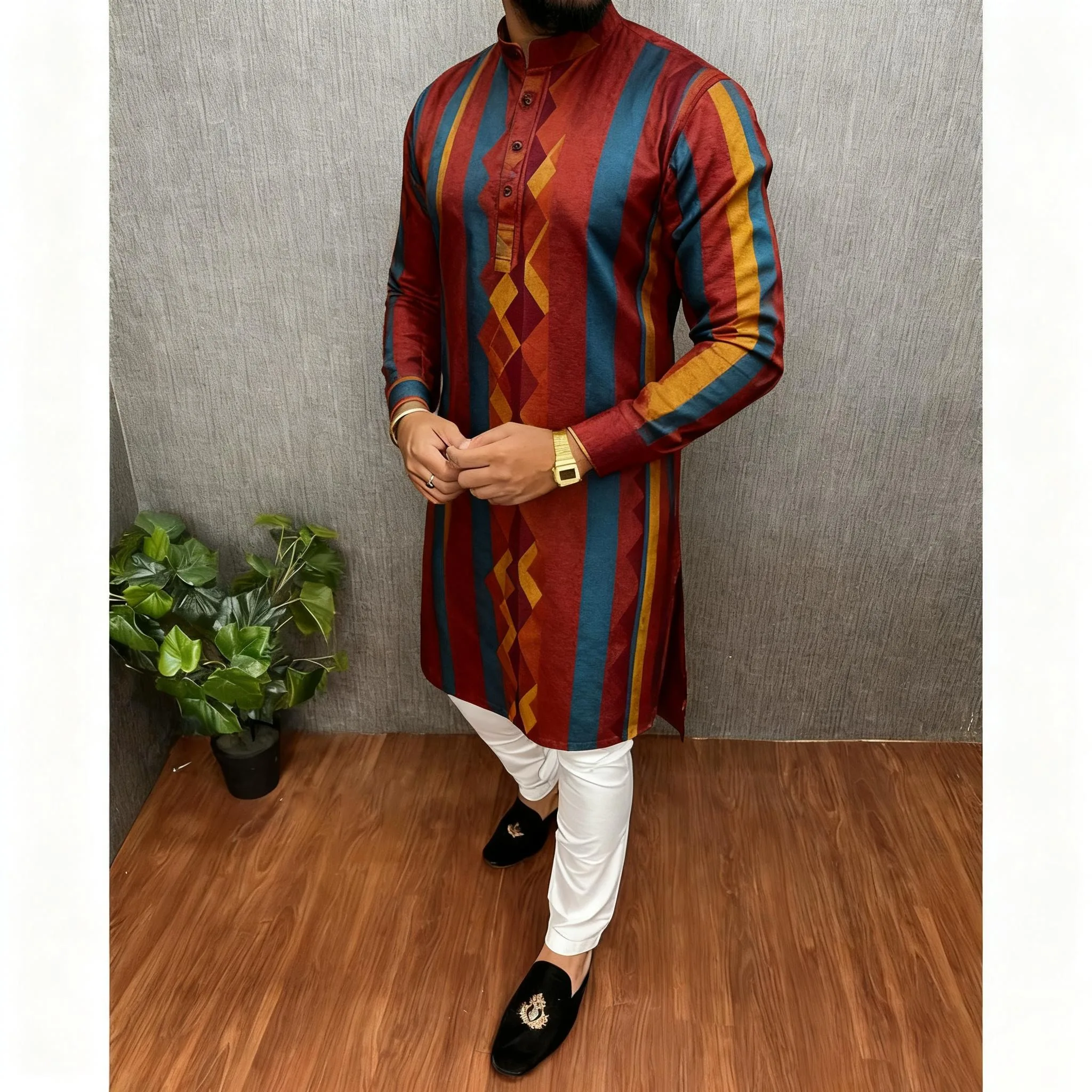 メンズゆったりムスリムシャツ 春 スタンドカラー カジュアルシャツ カフタン 長袖 メンズトーブ クルタ ロパ・アラベ カミサ・アラベ オムブレ